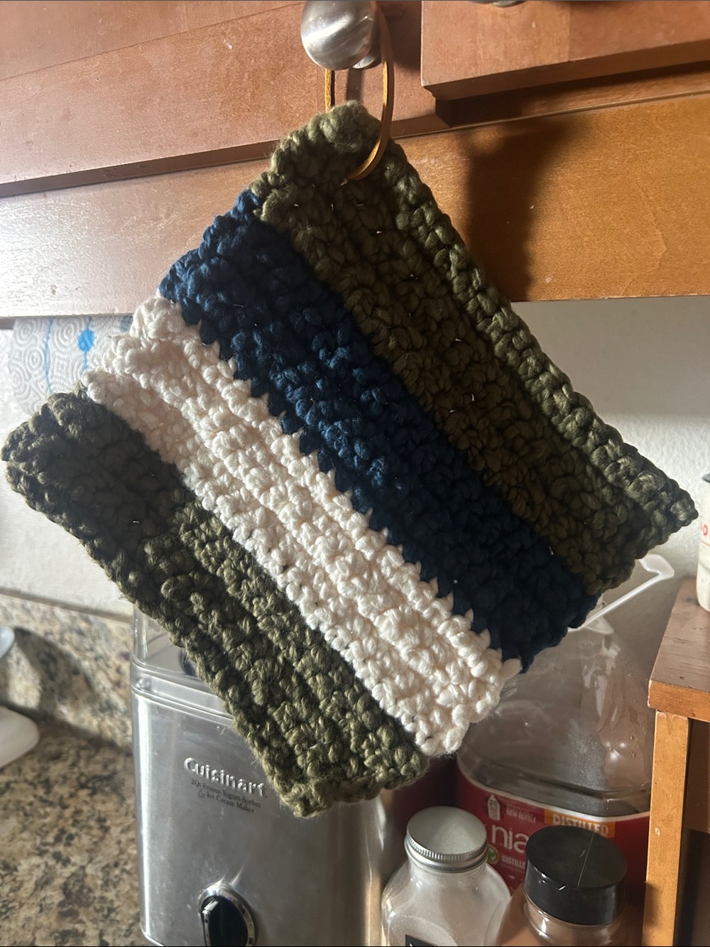 Chunky Crocheted Hot pad/ Trivet , Olive & Cream